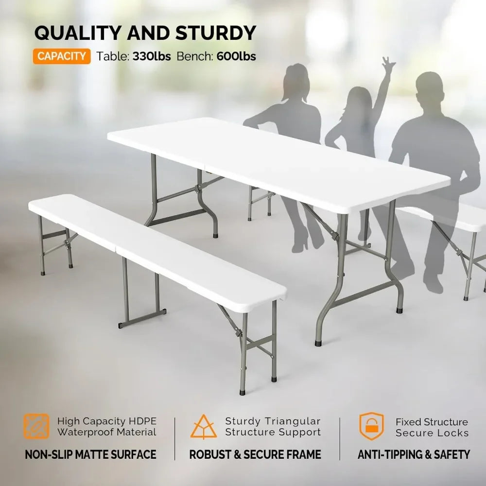 3 Piece Folding Picnic Table Set with Two Benches 6 Feet
