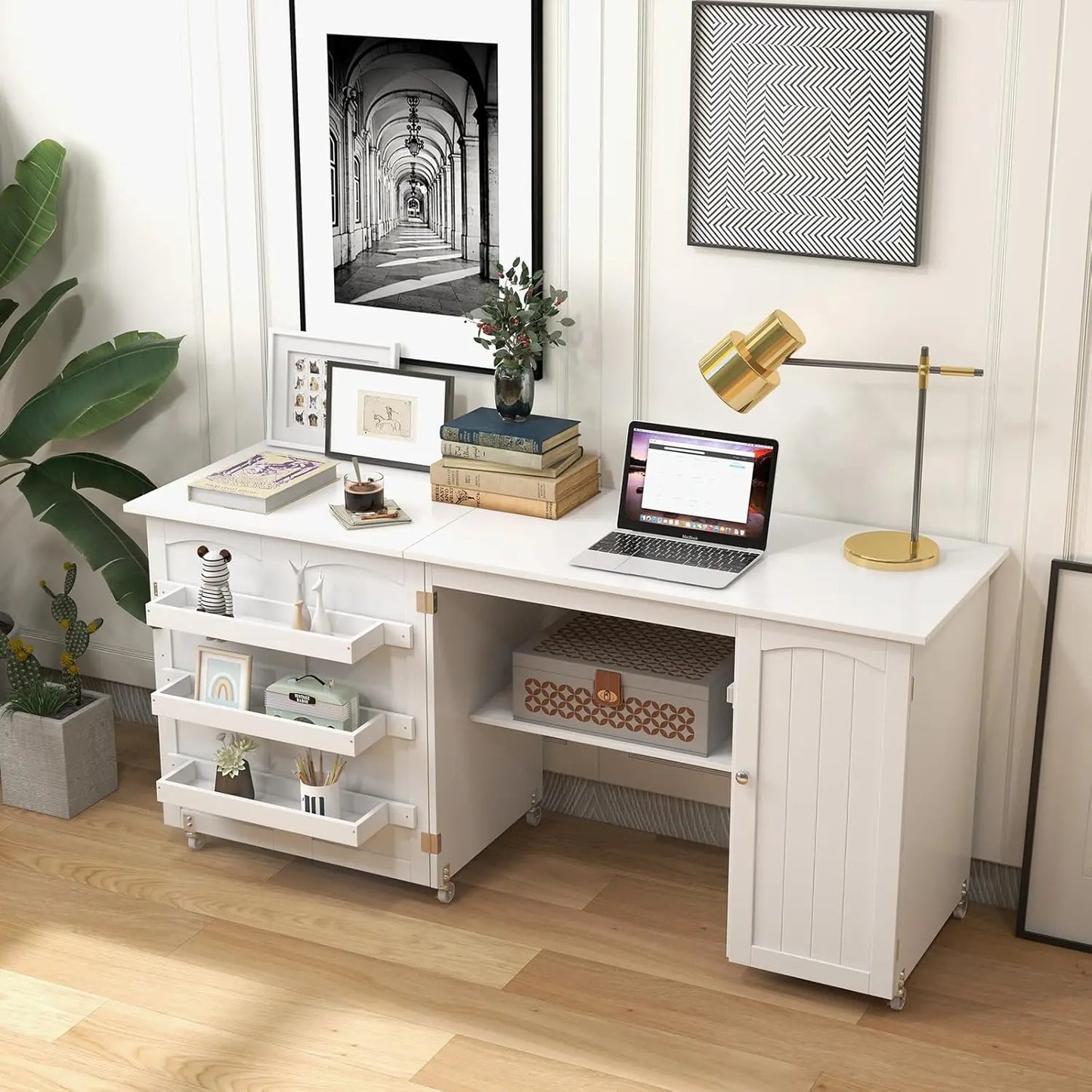 Foldable Sewing Machine Table with Storage and Lockable Casters