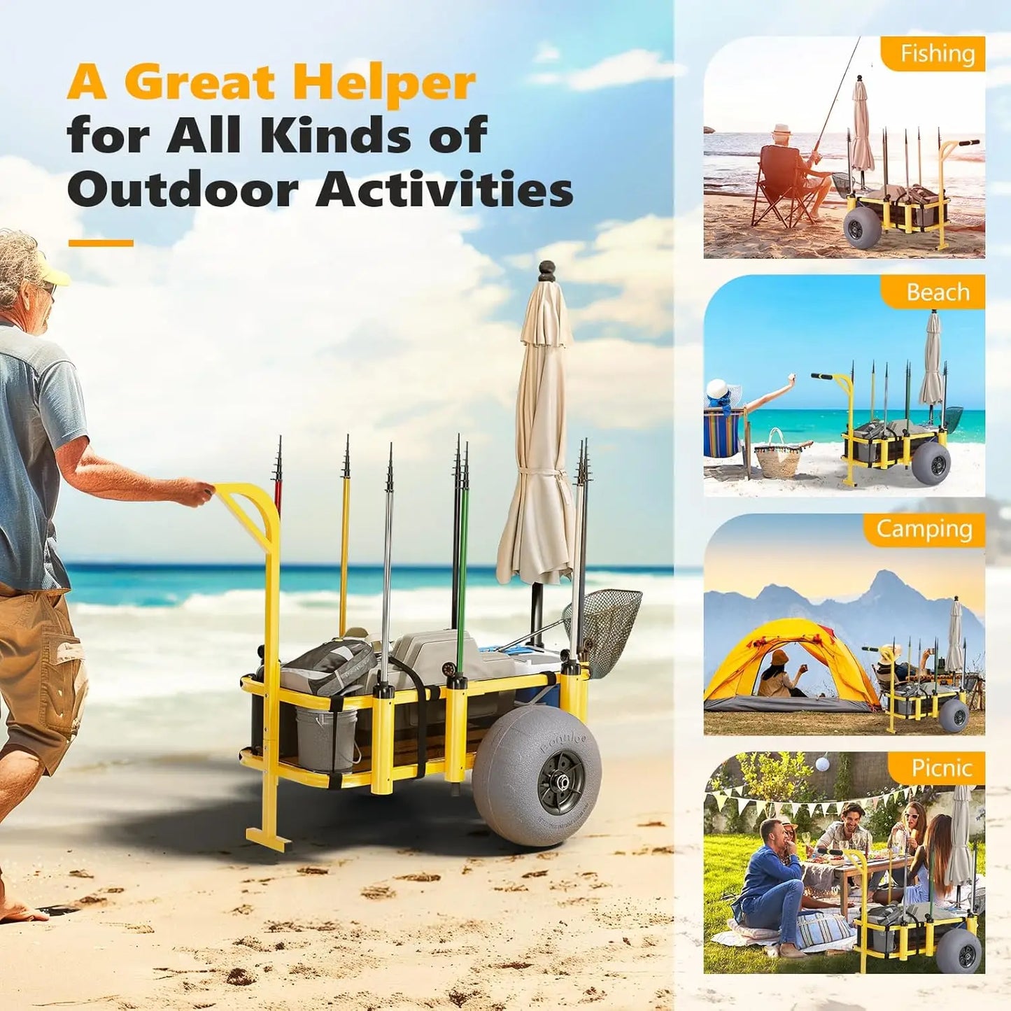 Fishing Cart Beach Wagon with Big Wheels and Rod Holders