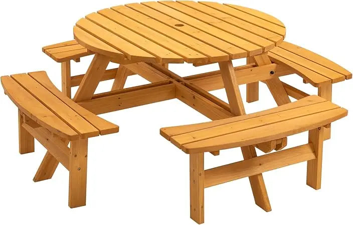 8 Person Round Wooden Picnic Table with 4 Built-in Benches