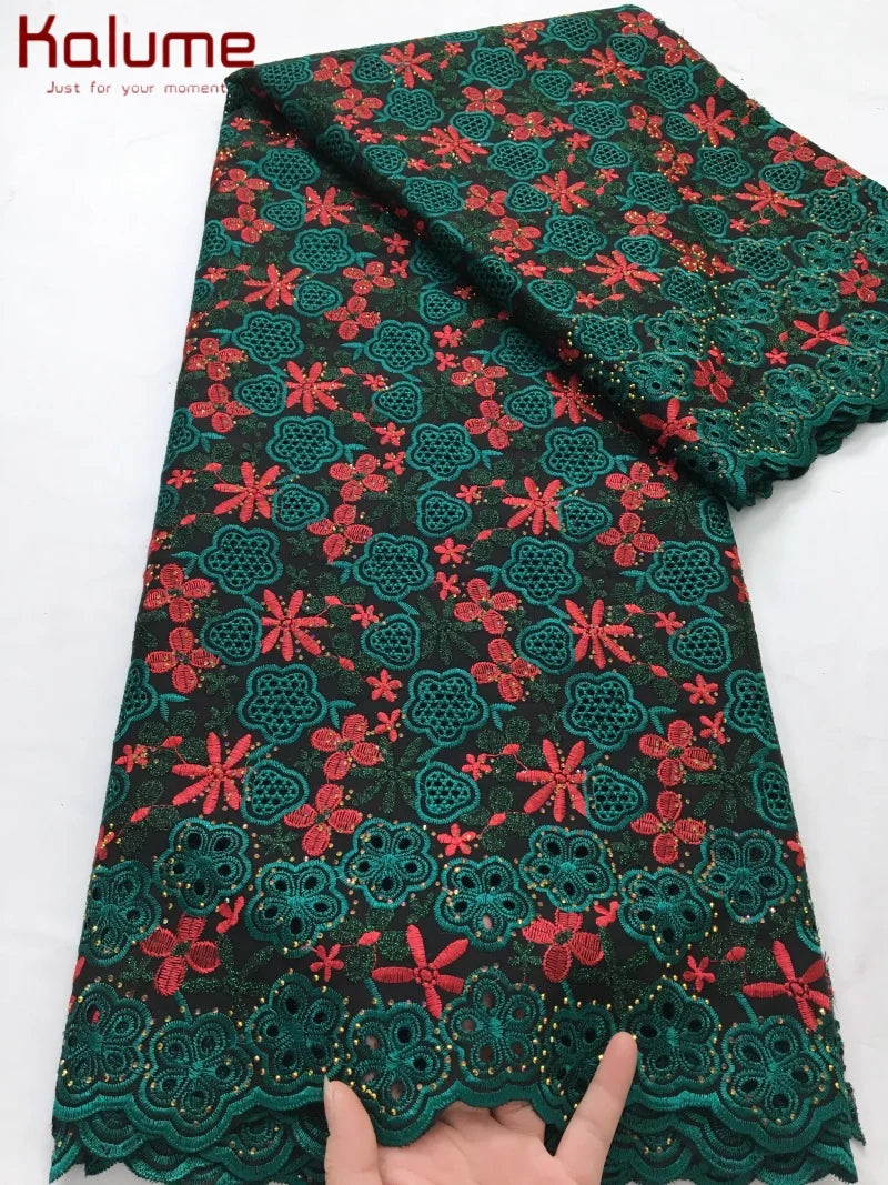 Kalume African Cotton Embroidered Lace Fabric With Stones