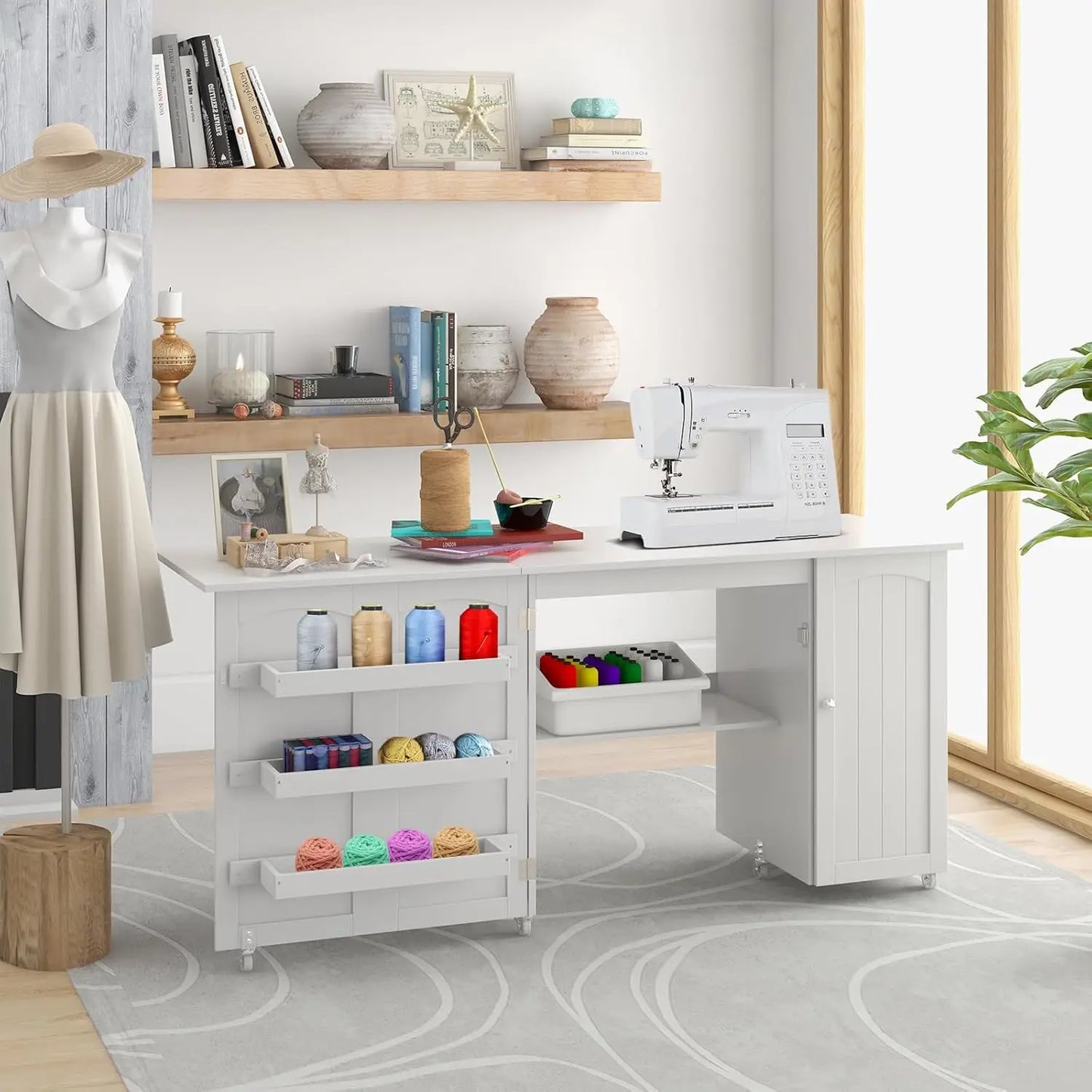 Foldable Sewing Machine Table with Storage and Lockable Casters