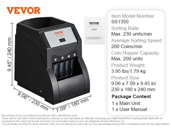 SucceBuy 230/300 Coins/Min USD Coin Sorter Counter Professional Electric Automatic Machine LED Display for School Shop Bank Home