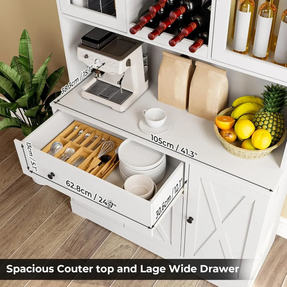 Tall Kitchen Pantry Cabinet with Microwave Stand and Wine Rack