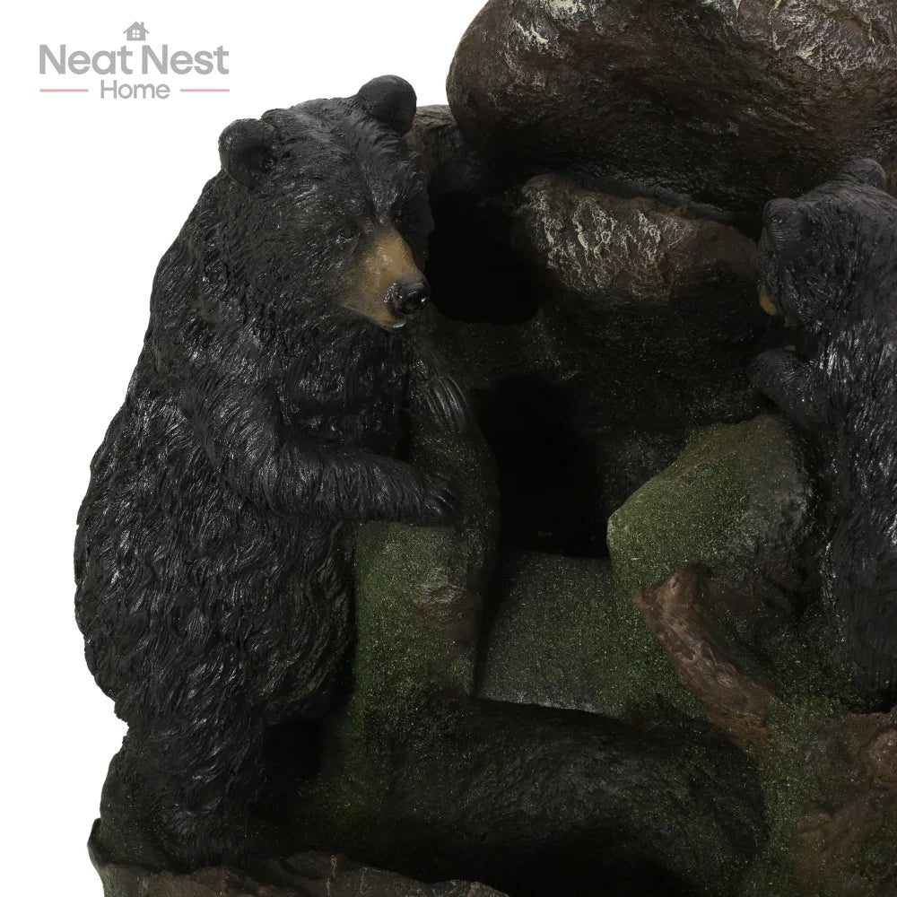 Mother Bear and Cub Climbing Outdoor Waterfall Fountain