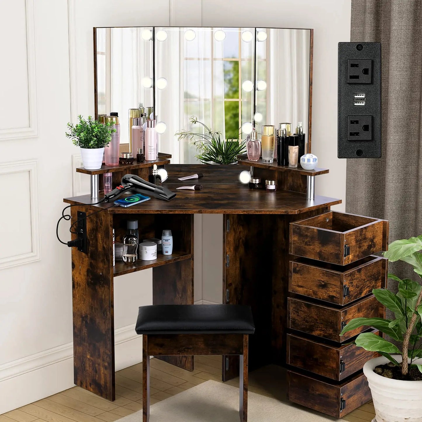 VOWNER Vanity With Lights And Mirror Makeup Table Stool