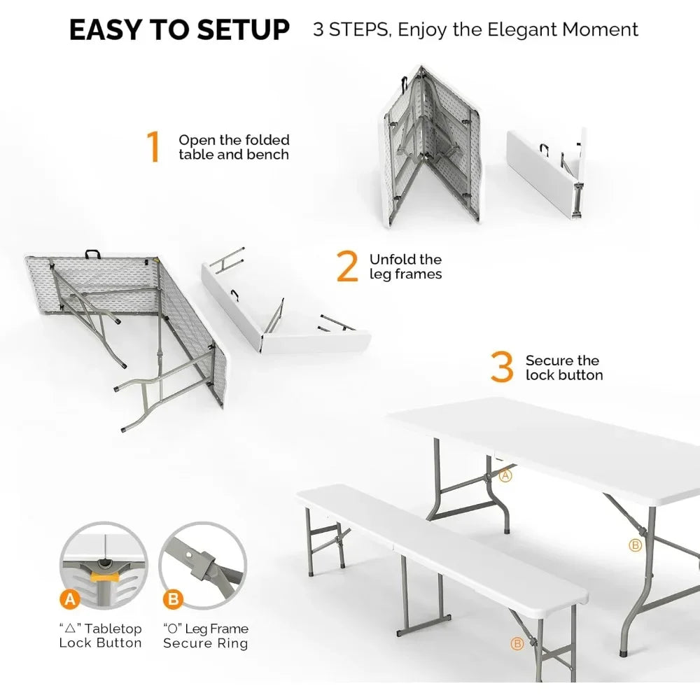 3 Piece Folding Picnic Table Set with Two Benches 6 Feet