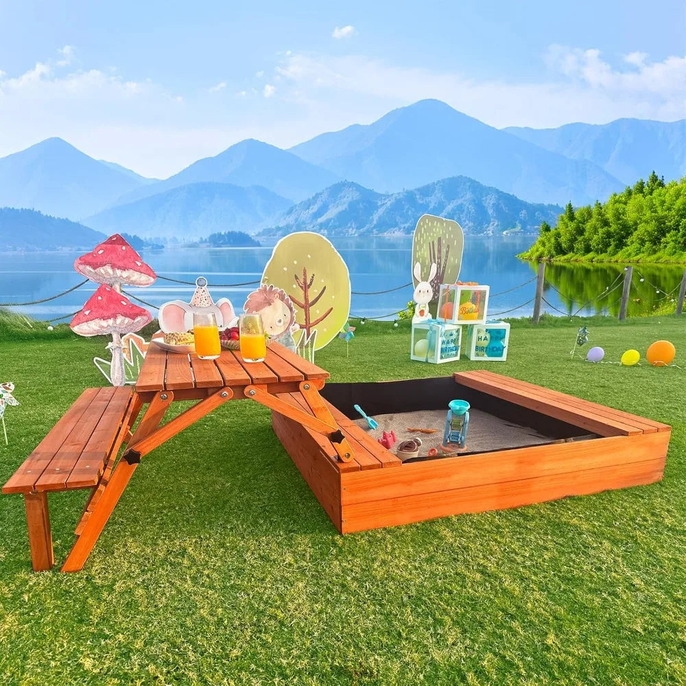 CHENGWEI Wooden Sandbox With Lid And Outdoor Picnic Table