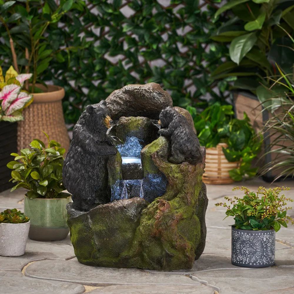 Mother Bear and Cub Climbing Outdoor Waterfall Fountain