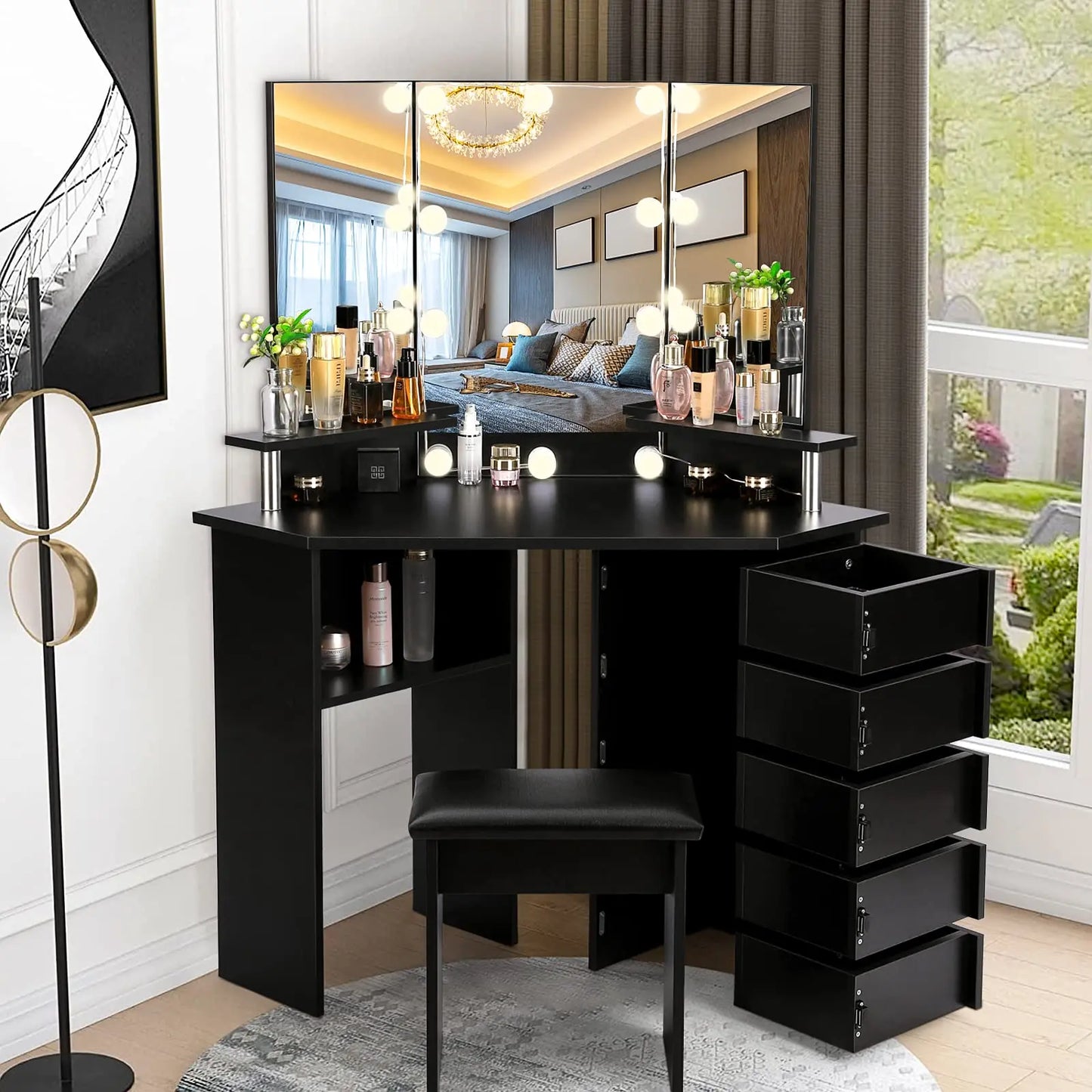 VOWNER Vanity With Lights And Mirror Makeup Table Stool