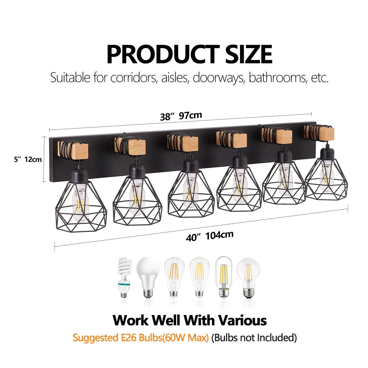Vanity Wall Light Farmhouse Geometric Black Iron E26 Socket