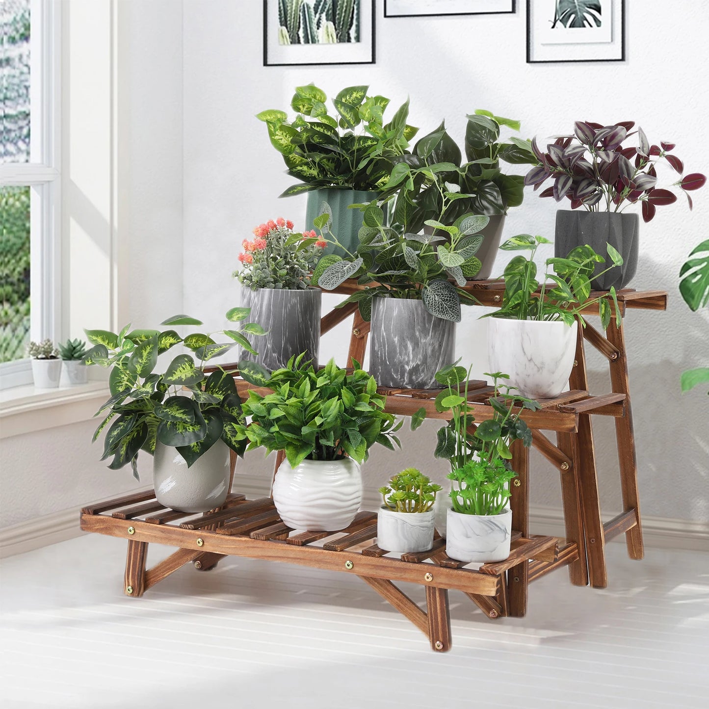 3 Tier Wood Ladder Shelf Plant Stand for Indoor and Outdoor Use