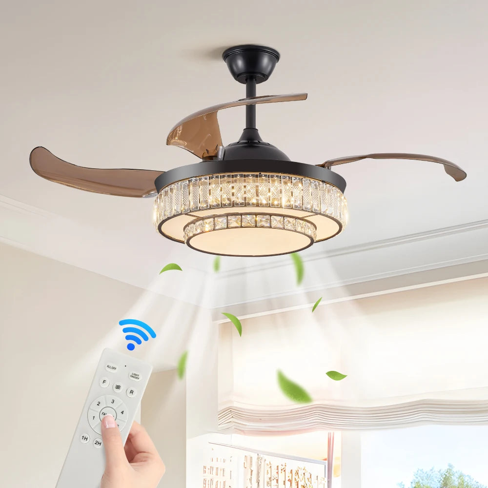 Contemporary Crystal LED Retractable Ceiling Fan with Remote
