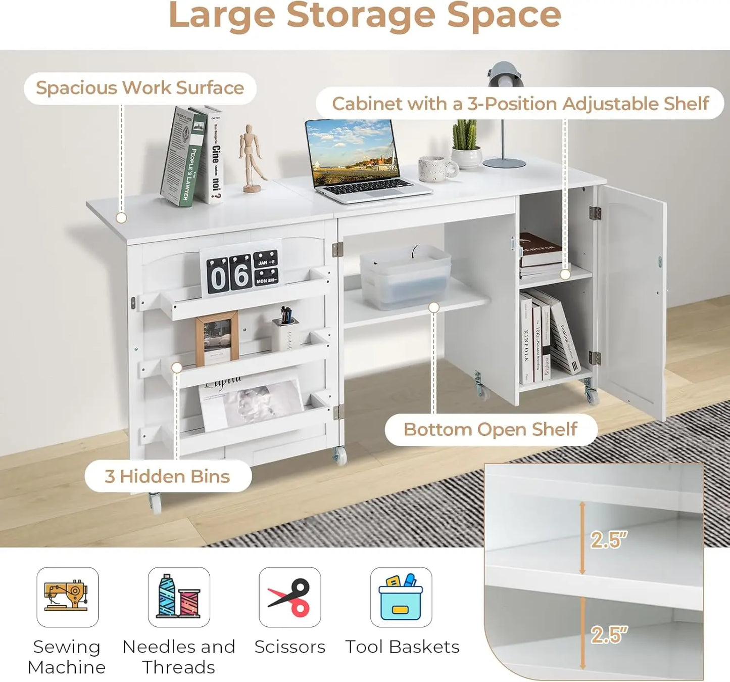 Foldable Sewing Machine Table with Storage and Lockable Casters