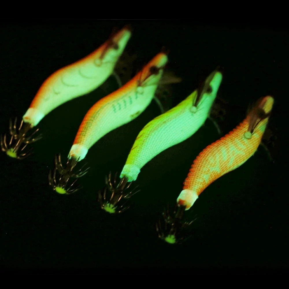 Four Pcs Prawn Lure Wood Baits Squid Jig Fishing Lures