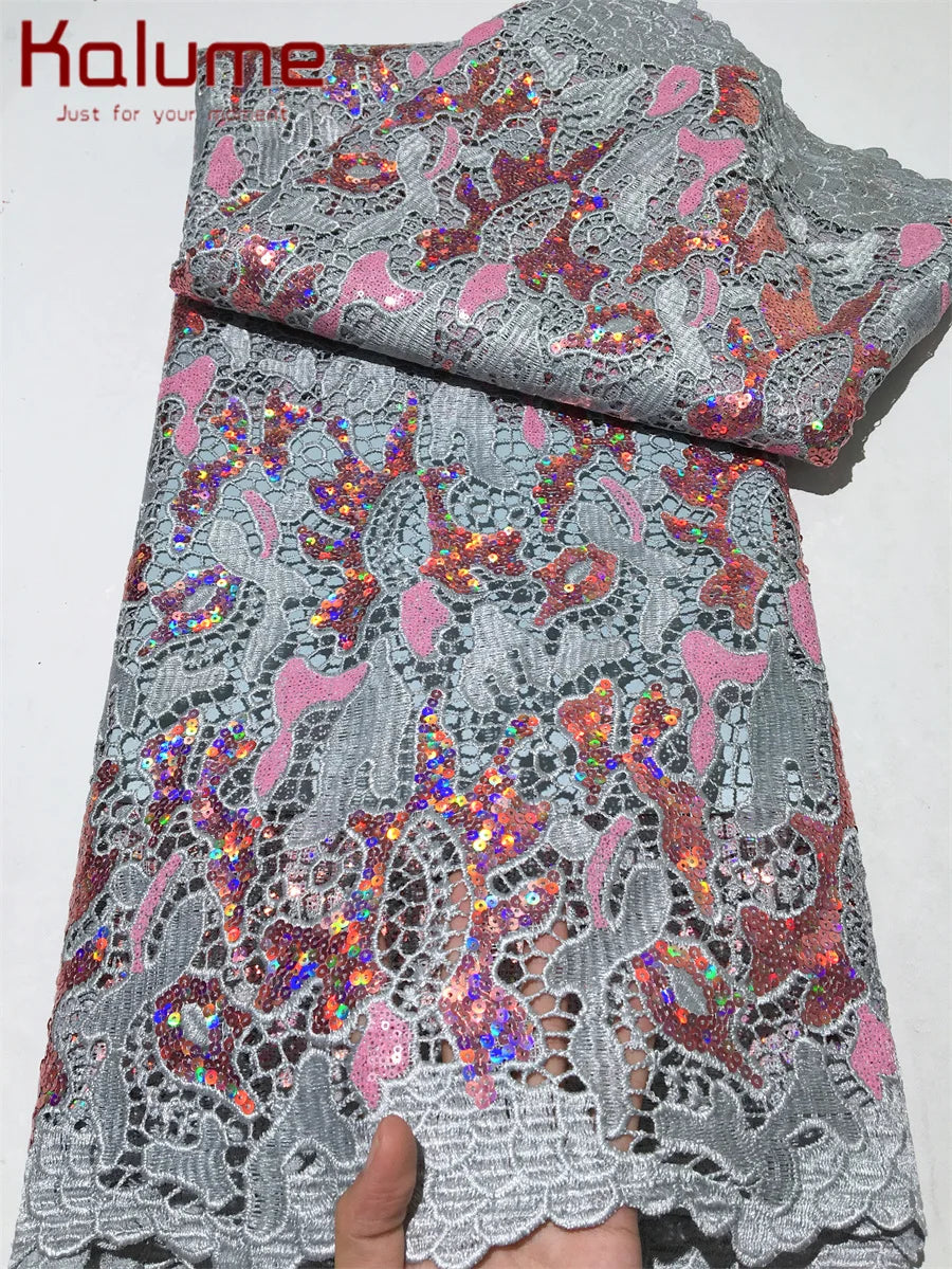 Kalume High Quality African Sequins Lace Fabric for Dresses