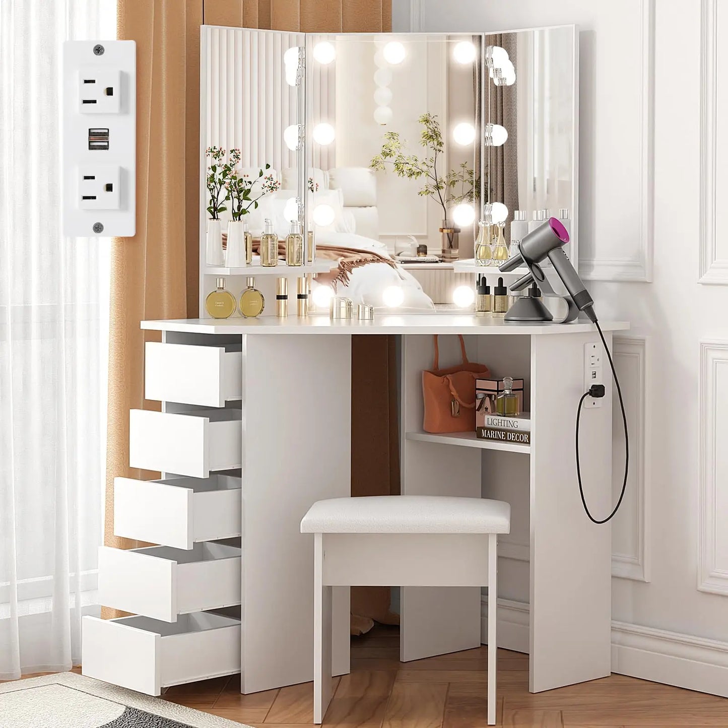 VOWNER Vanity With Lights And Mirror Makeup Table Stool