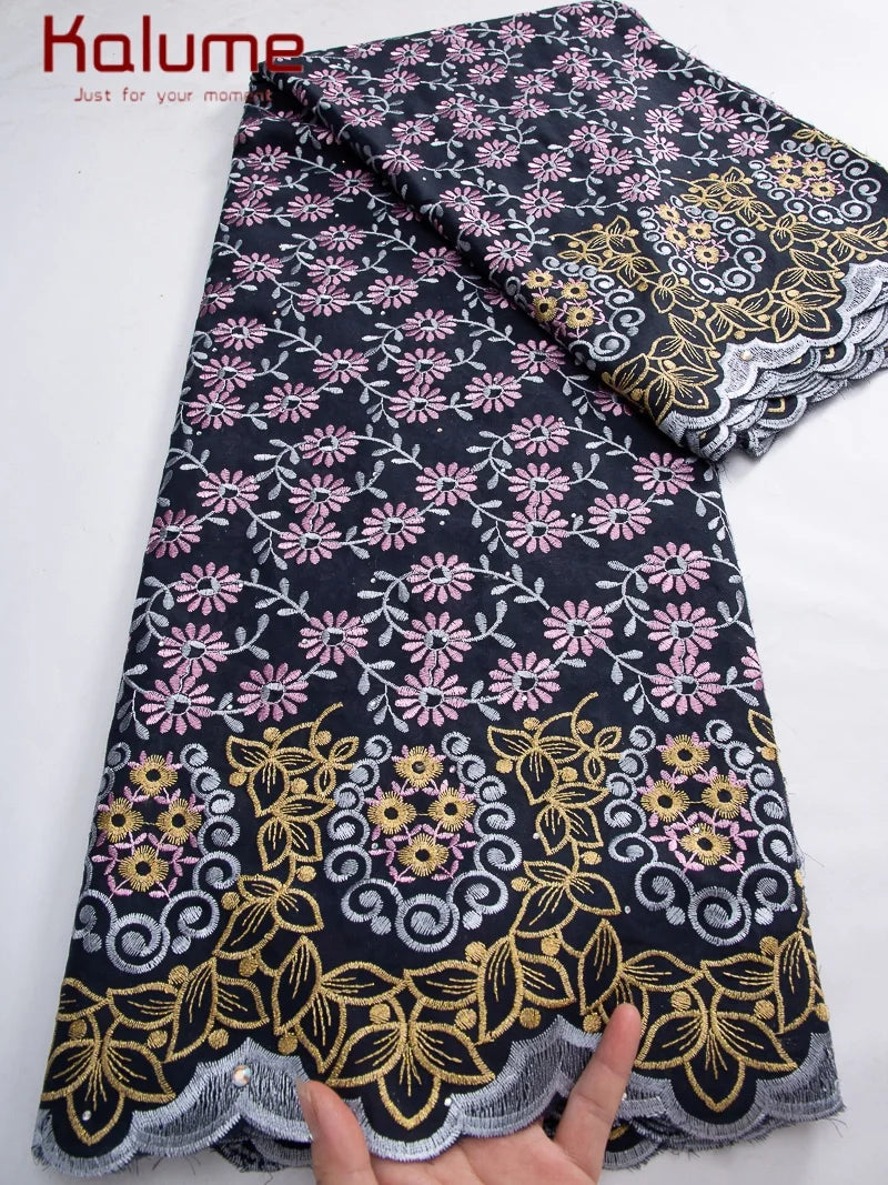 Kalume African Cotton Embroidered Lace Fabric With Stones