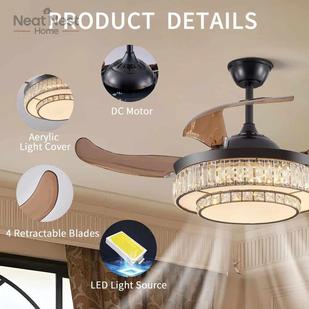 Contemporary Crystal LED Retractable Ceiling Fan with Remote