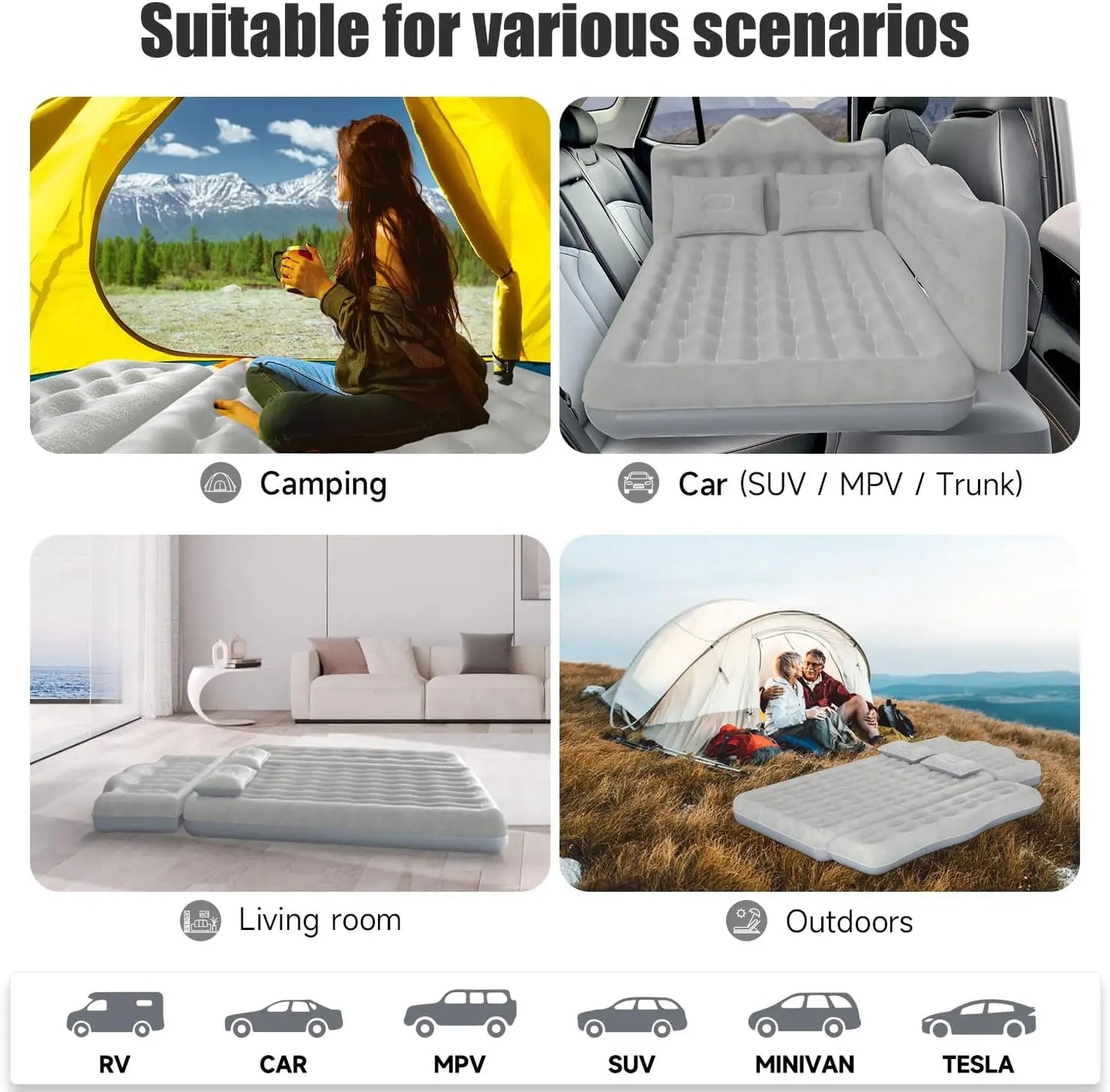 Inflatable Car Backseat Air Mattress with Two Pillows