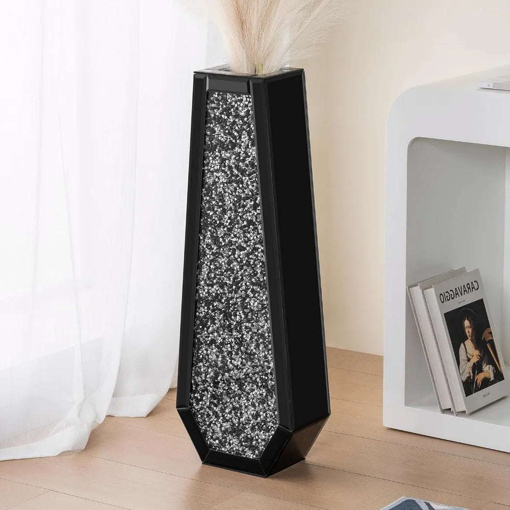 30 Inch Tall Black Crushed Diamond Floor Vase for Modern Decor