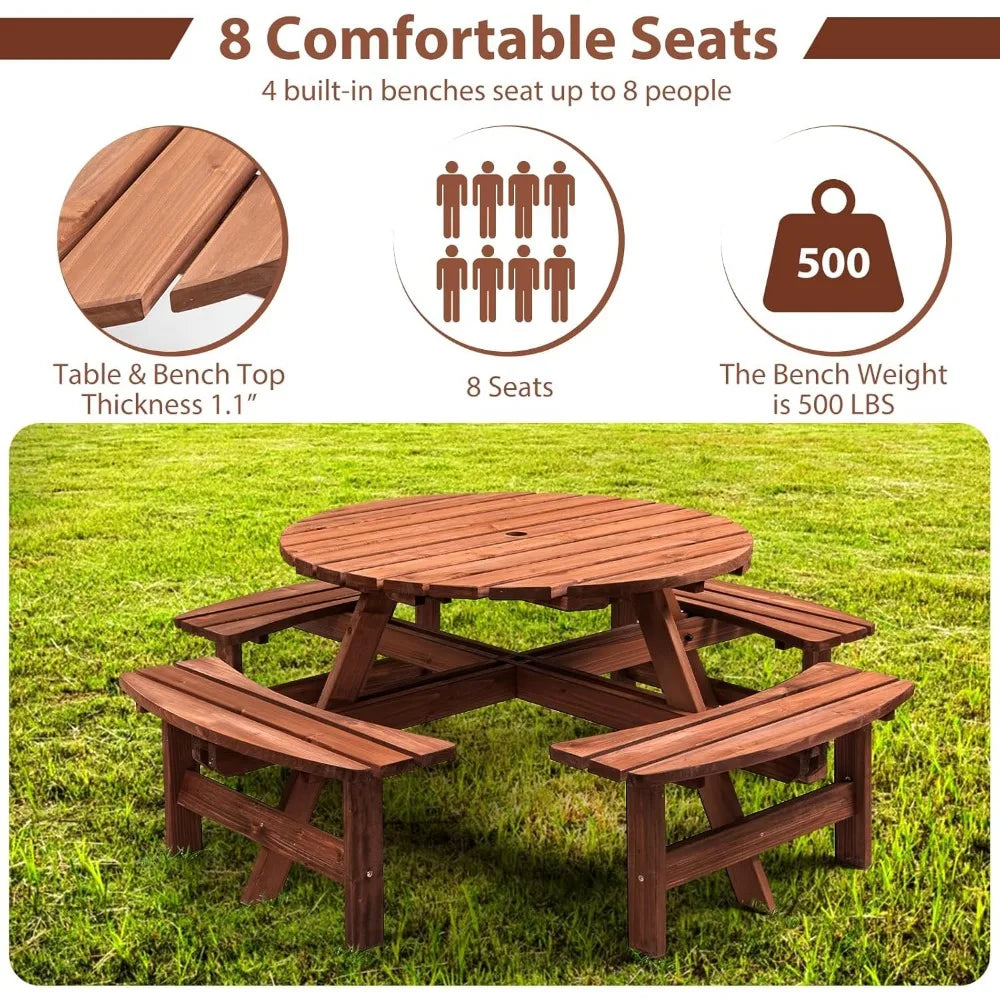 8 Person Round Wooden Picnic Table with 4 Built-in Benches