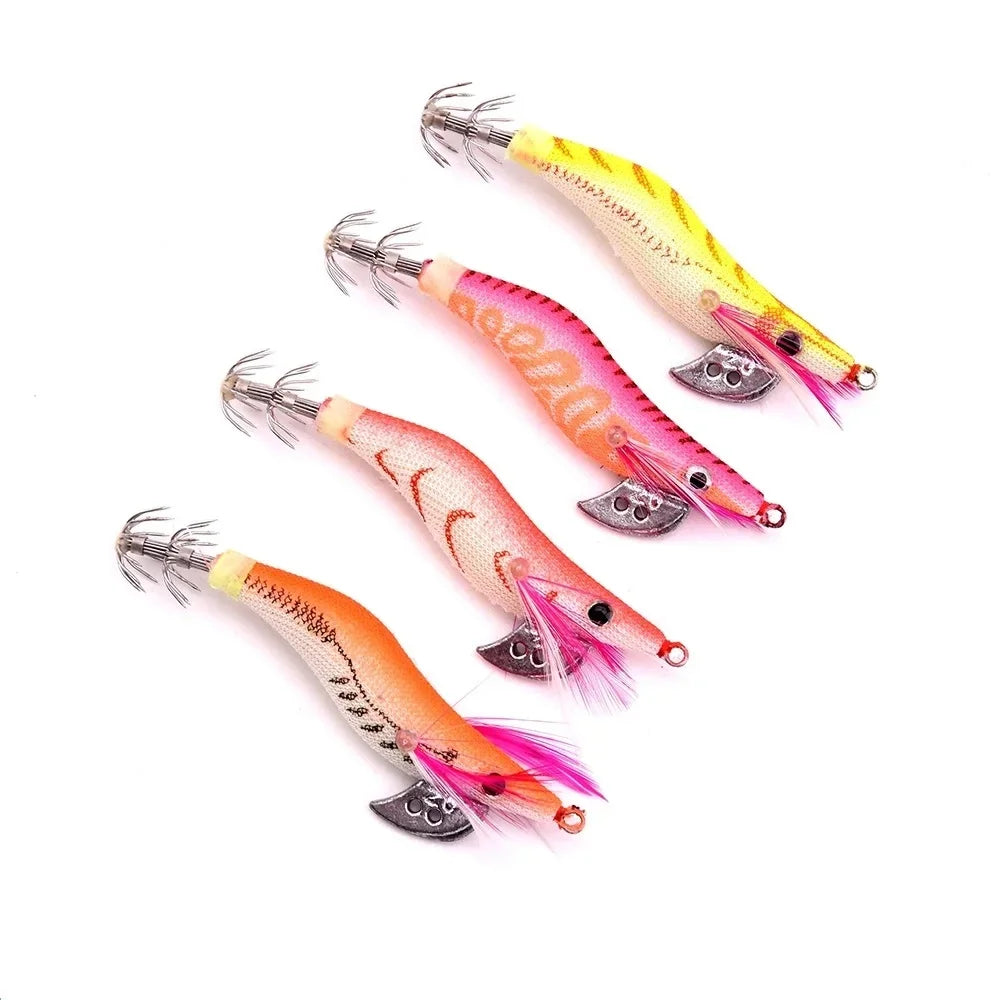 Four Pcs Prawn Lure Wood Baits Squid Jig Fishing Lures