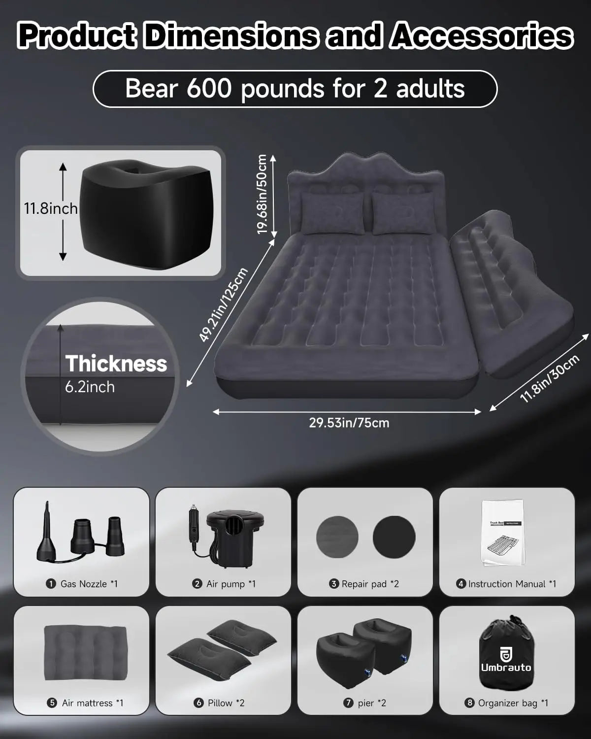 Inflatable Car Backseat Air Mattress with Two Pillows