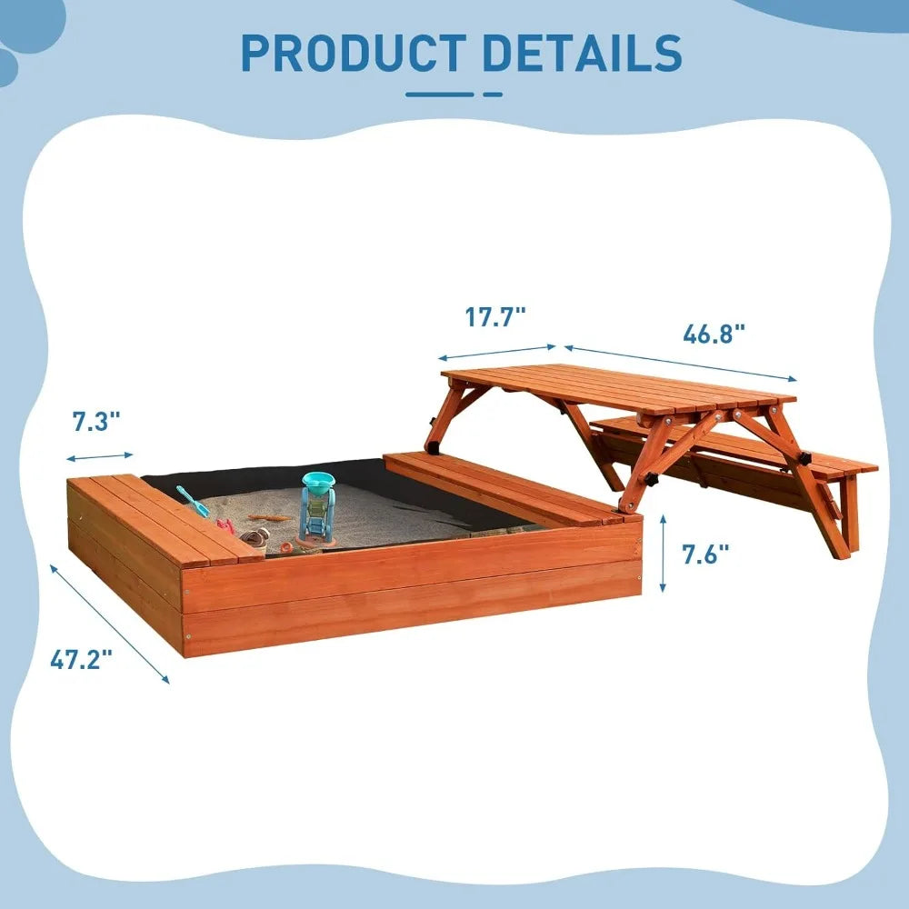 CHENGWEI Wooden Sandbox With Lid And Outdoor Picnic Table