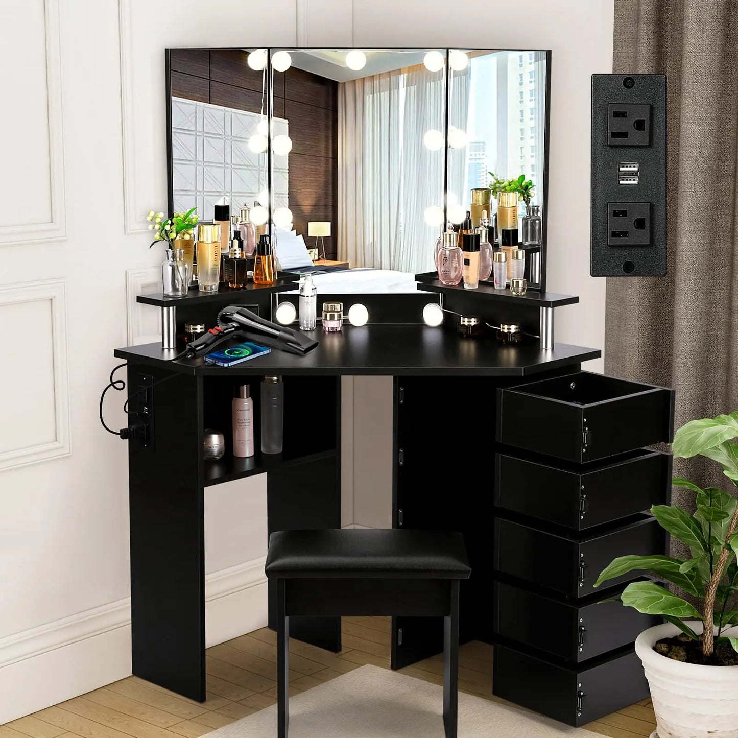 VOWNER Vanity With Lights And Mirror Makeup Table Stool