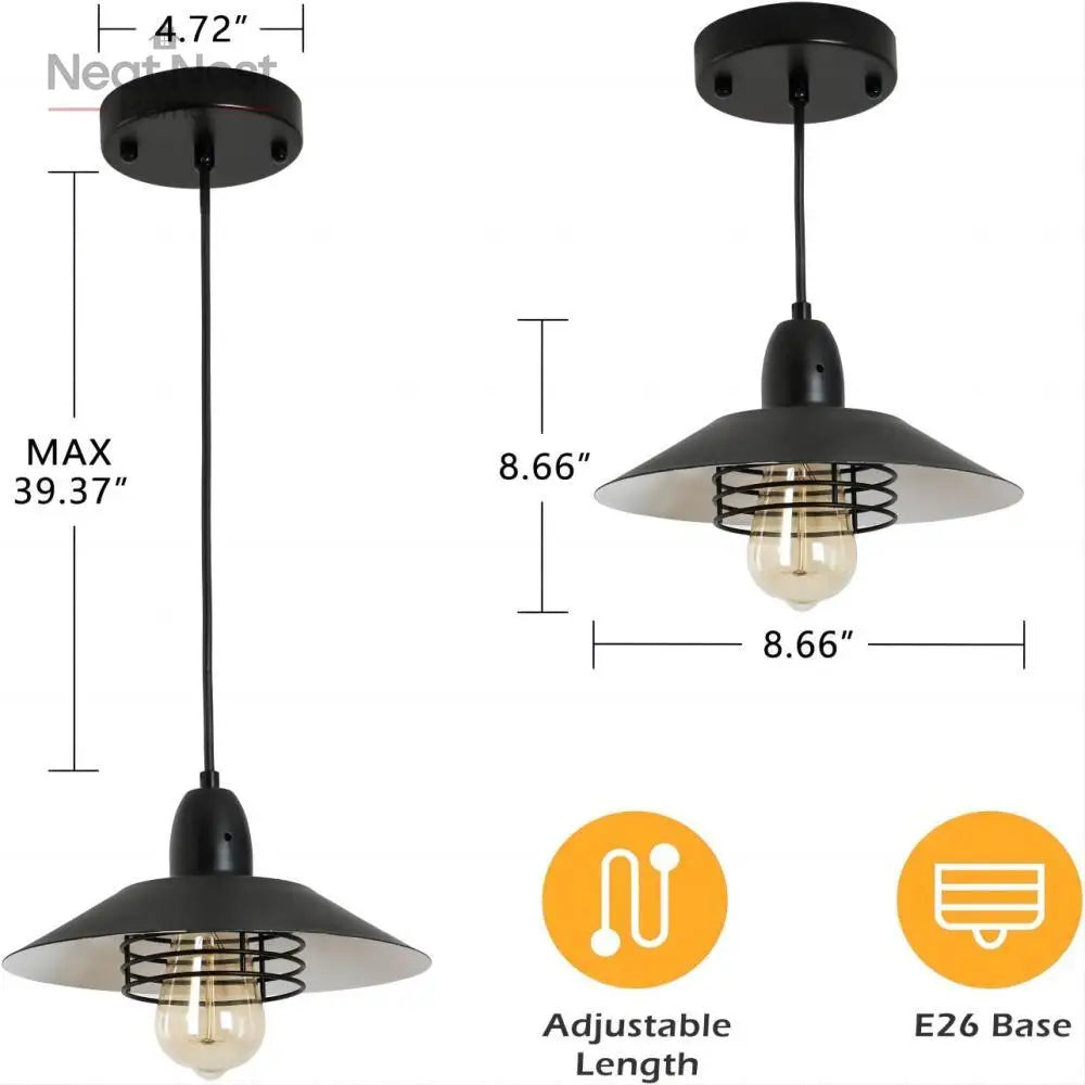Farmhouse Vintage Black Pendant Light with Adjustable Spring Frame