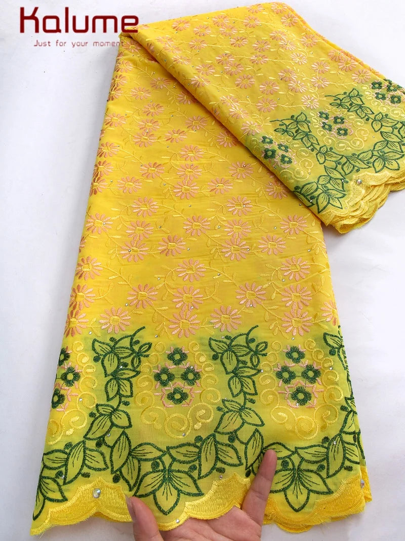 Kalume African Cotton Embroidered Lace Fabric With Stones