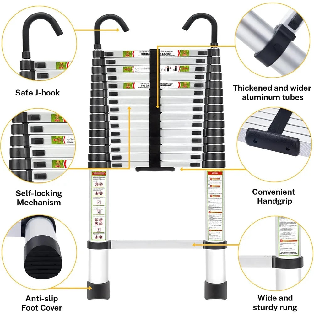 RIKADE Telescopic Aluminum Ladder with Hook and Non Slip