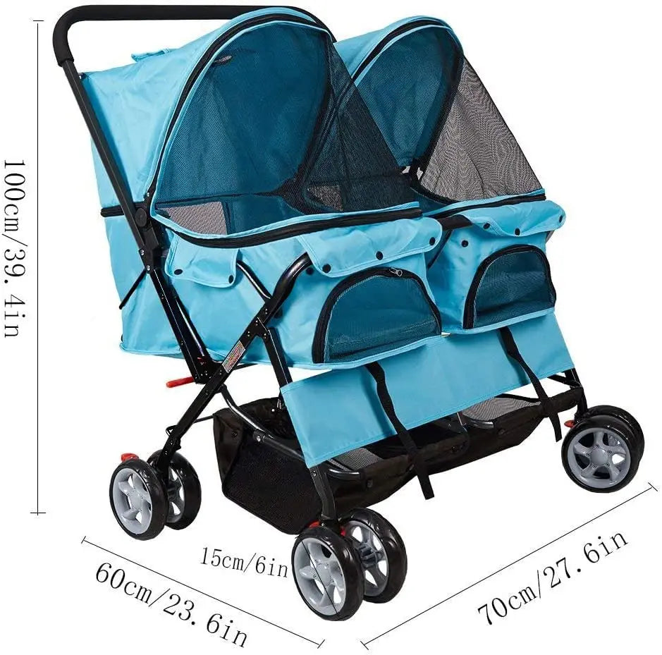 Foldable Double Pet Stroller for Dogs and Cats with 4 Wheels
