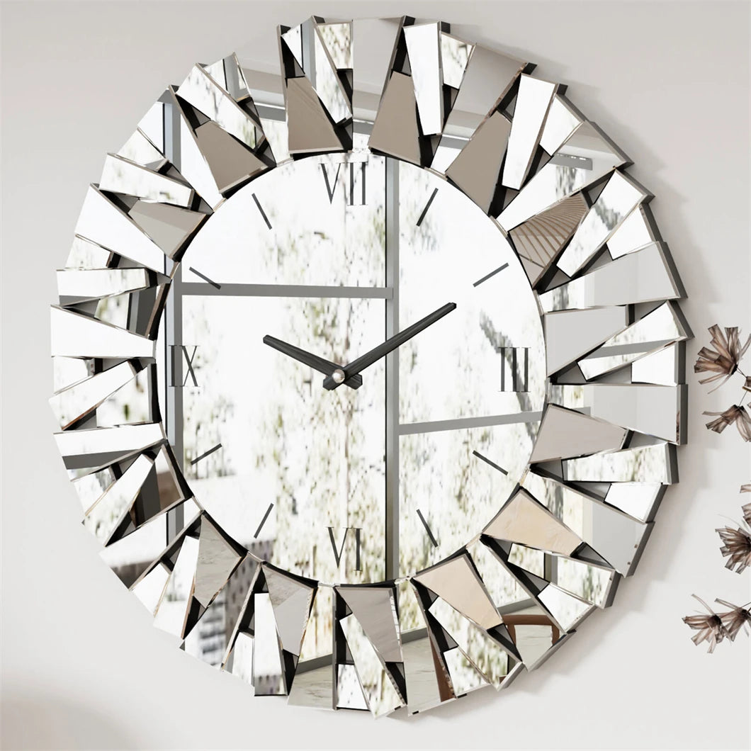 Combination 3D Mirrored Sunburst Wall Clock Round Modern
