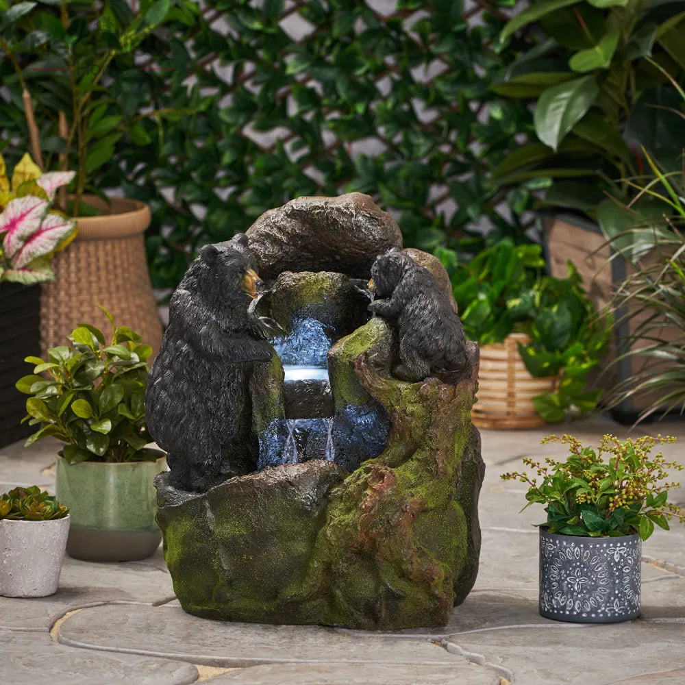 Mother Bear and Cub Climbing Outdoor Waterfall Fountain