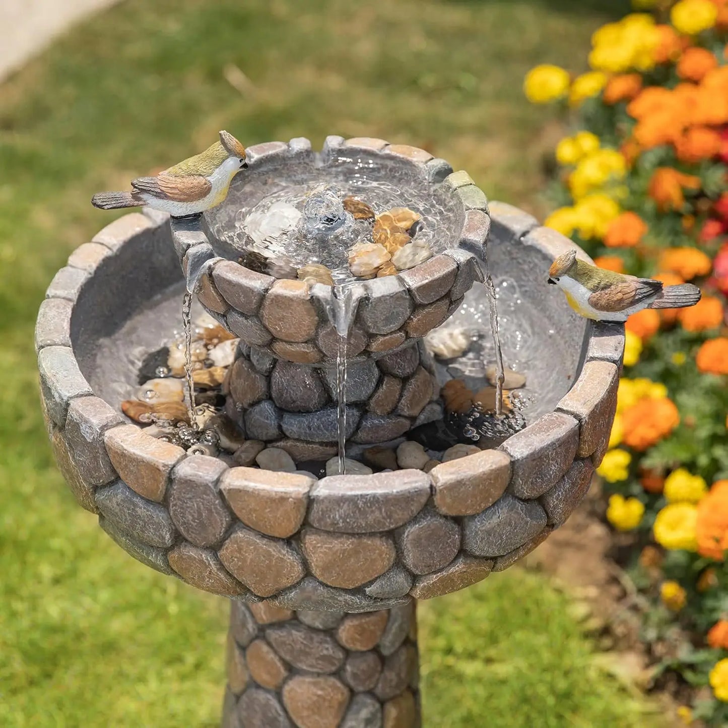 Tier Stone Outdoor Water Fountain with Birds and Bird Bath
