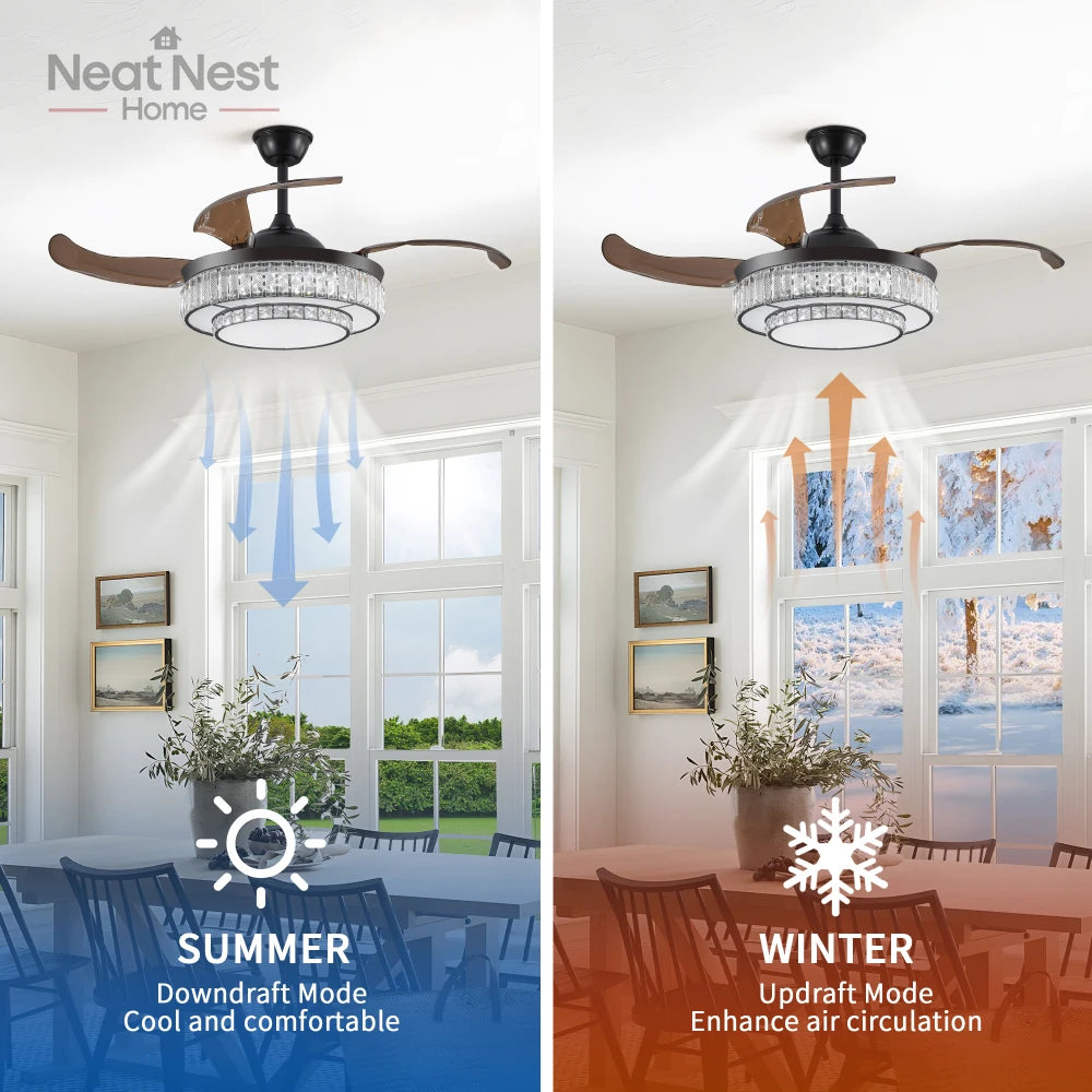 Contemporary Crystal LED Retractable Ceiling Fan with Remote