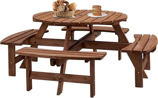 8 Person Round Wooden Picnic Table with 4 Built-in Benches