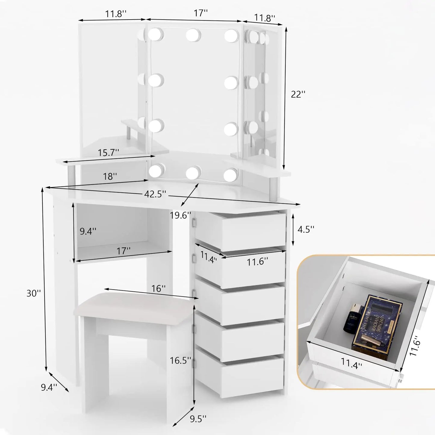 VOWNER Vanity With Lights And Mirror Makeup Table Stool