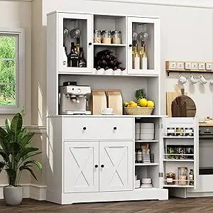 Tall Kitchen Pantry Cabinet with Microwave Stand and Wine Rack