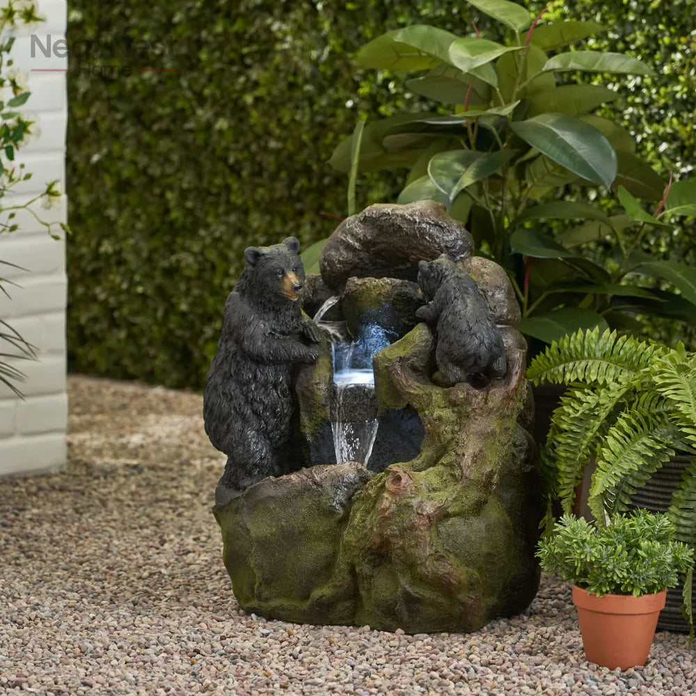 Mother Bear and Cub Climbing Outdoor Waterfall Fountain