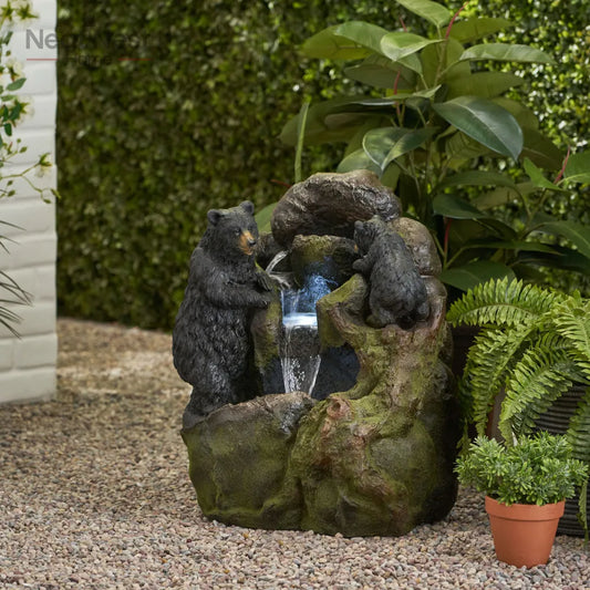 Mother Bear and Cub Climbing Outdoor Waterfall Fountain