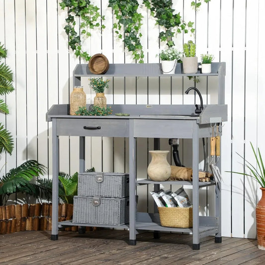 Wooden Outdoor Potting Bench Table with Removable Sink