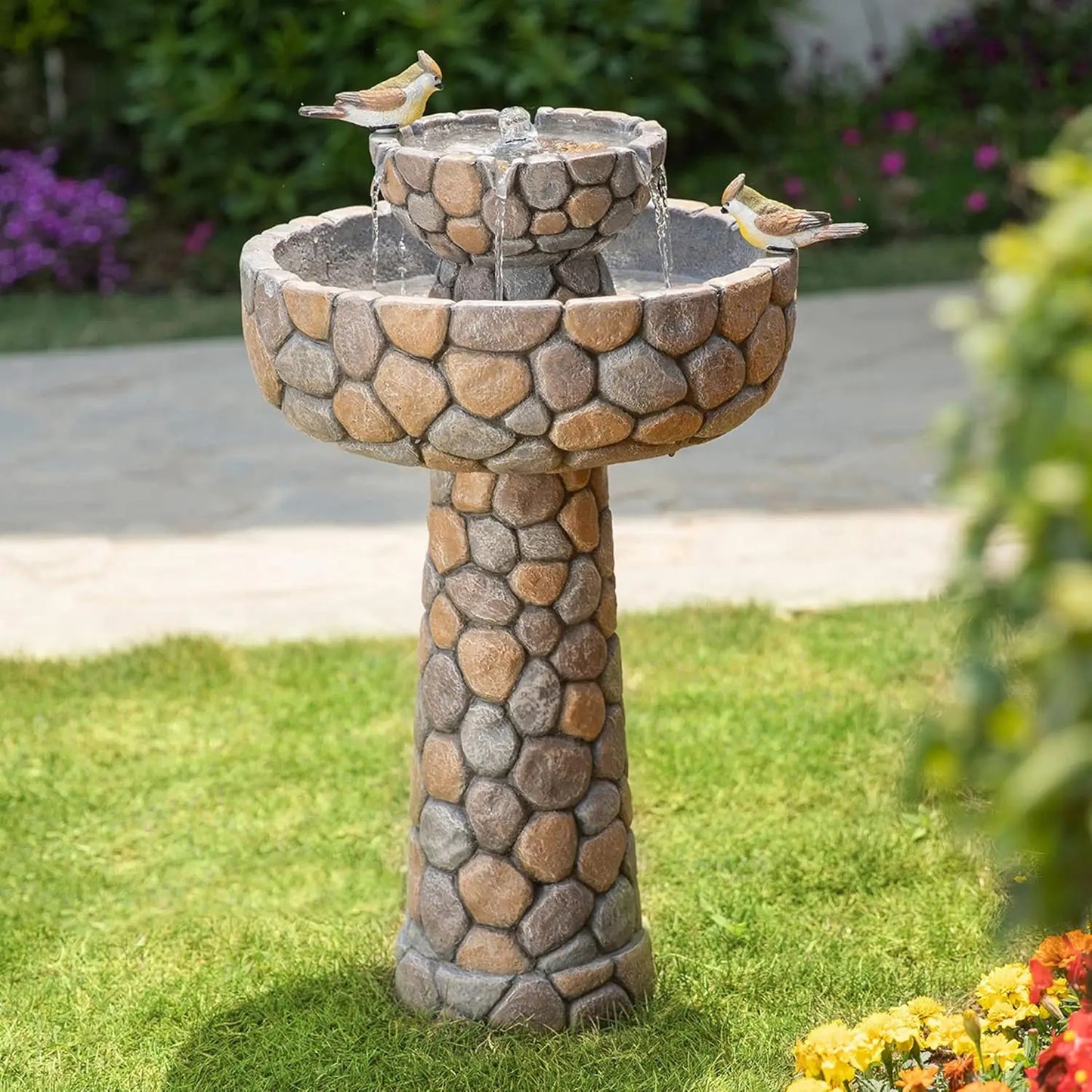 Tier Stone Outdoor Water Fountain with Birds and Bird Bath