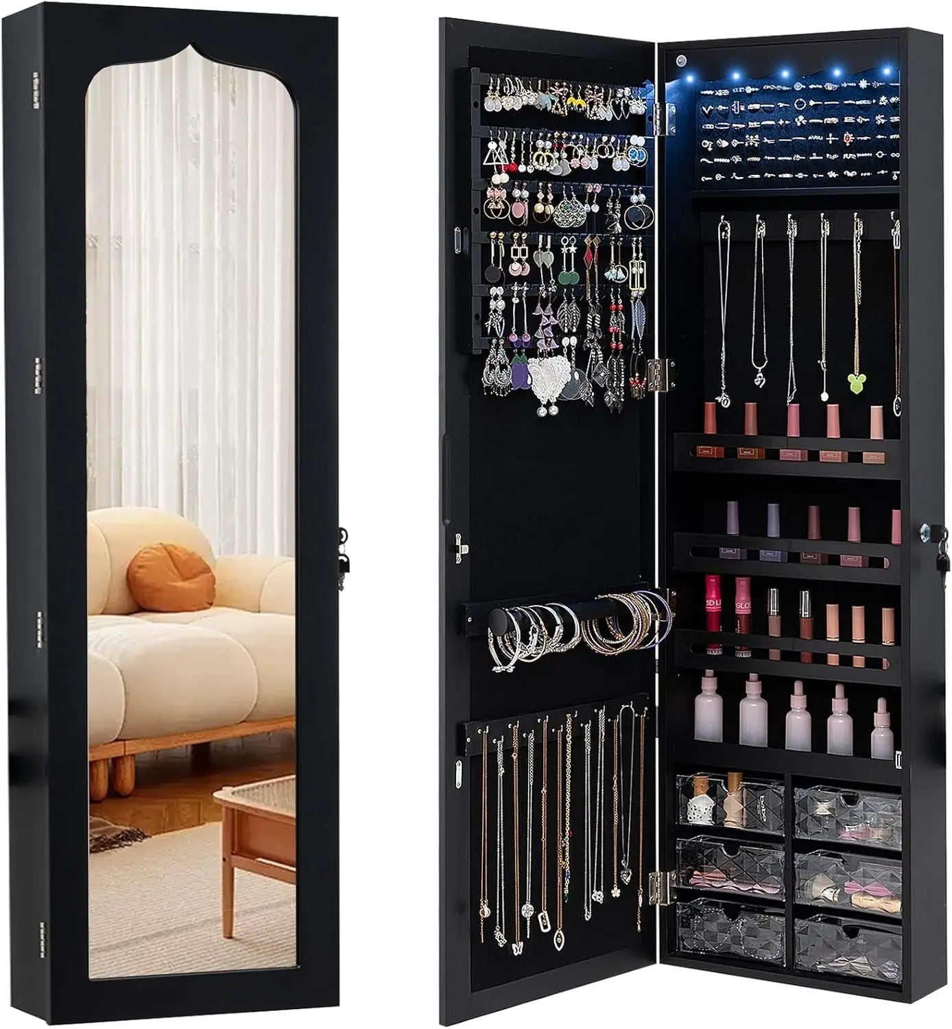 Guangbai Jewelry Cabinet Armoire Wall Mount With Lights