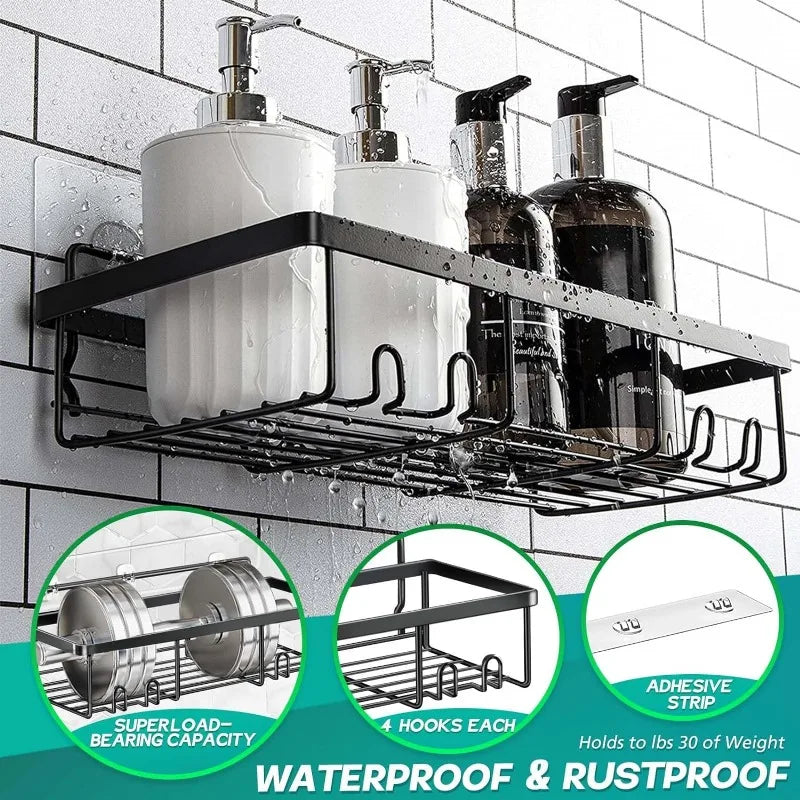 5 Pack Adhesive Shower Shelves No Drilling Black Storage Rack