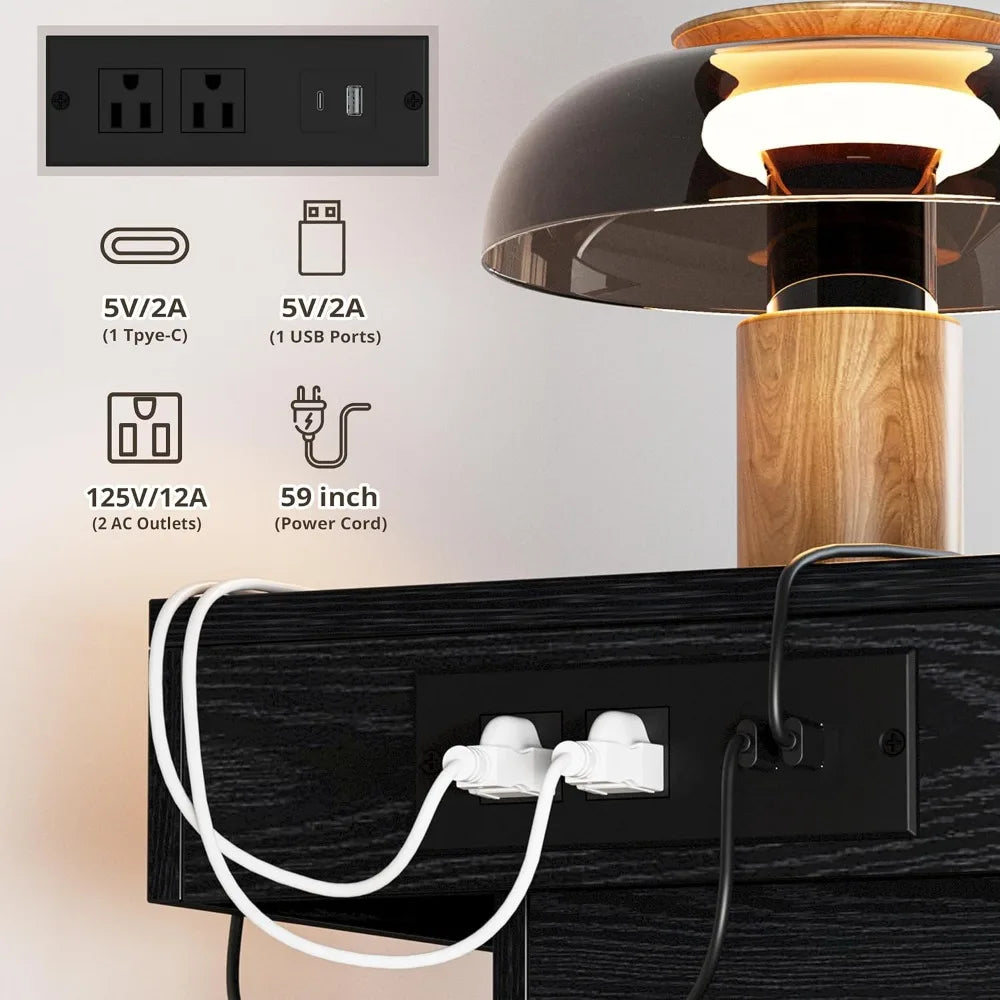 Modern Black Bedside Table with Charging Station and LED Lights