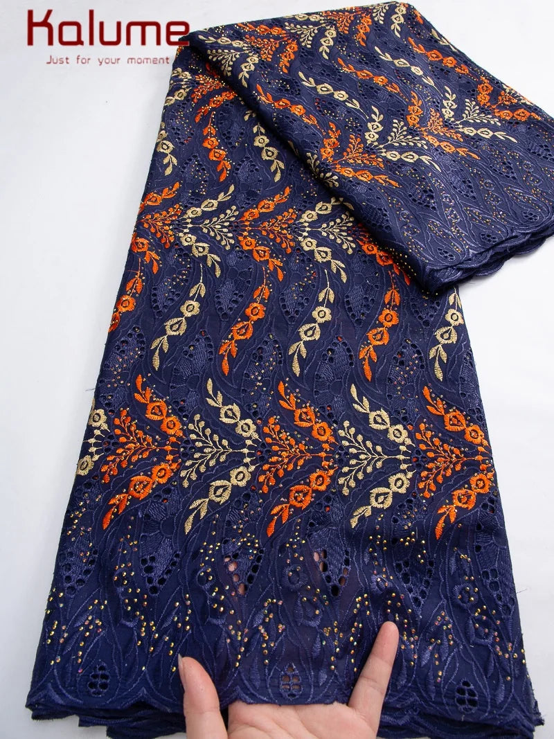 Kalume African Cotton Embroidered Lace Fabric With Stones