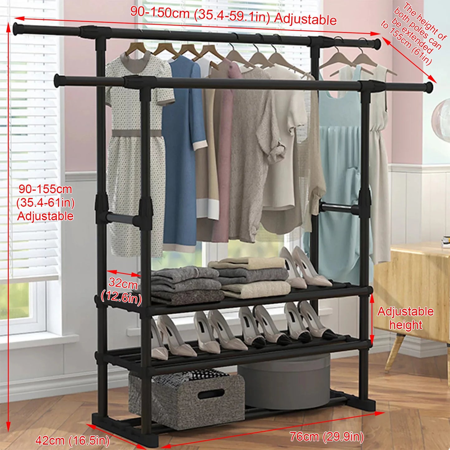 Heavy Duty Double Rail Clothes Rack Coat Rack Hanging